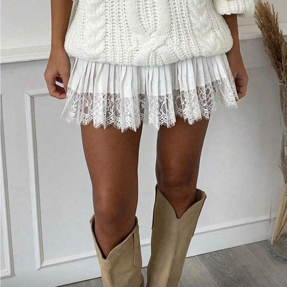 Dresses & Skirts - Lace-Trim Pleated Mini Skirt - White